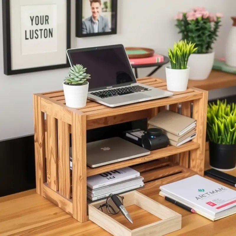 A creative wooden crate laptop stand enhances a home office with rustic charm.