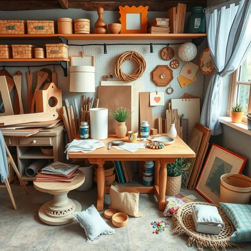 A workspace filled with colorful materials for creating DIY serving trays.
