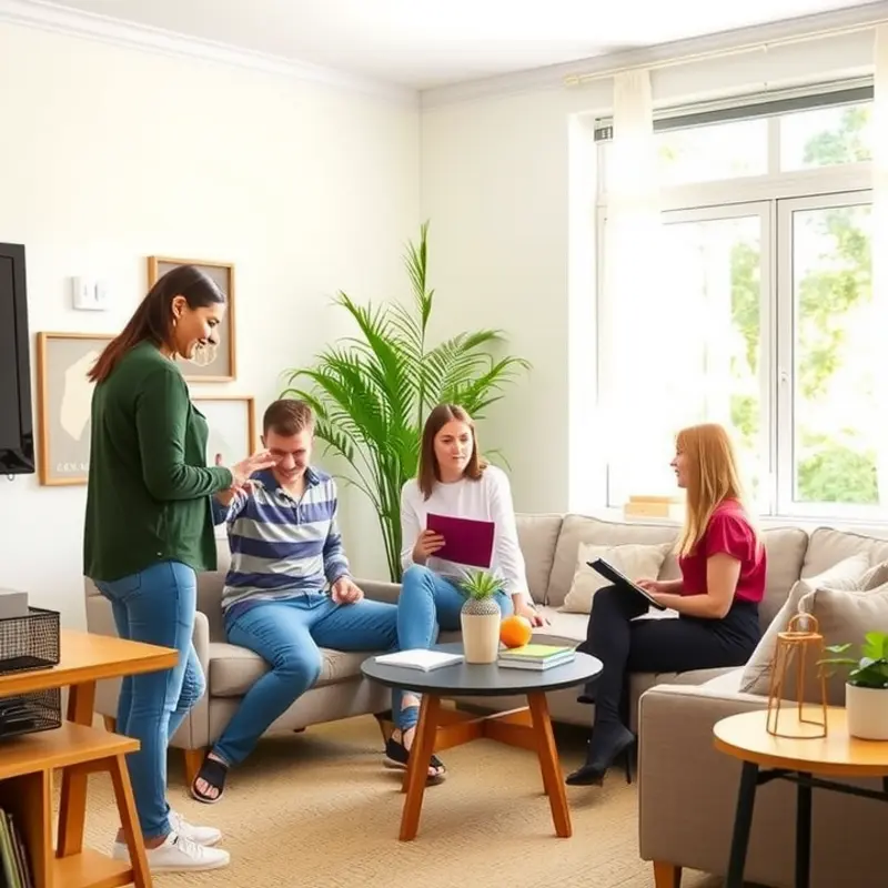 Young adults discussing the benefits of month-to-month leases in a cozy living room.