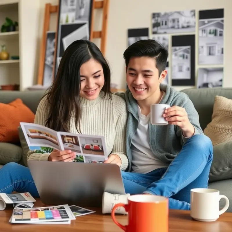 A young couple exploring apartment listings together in their stylish living room.