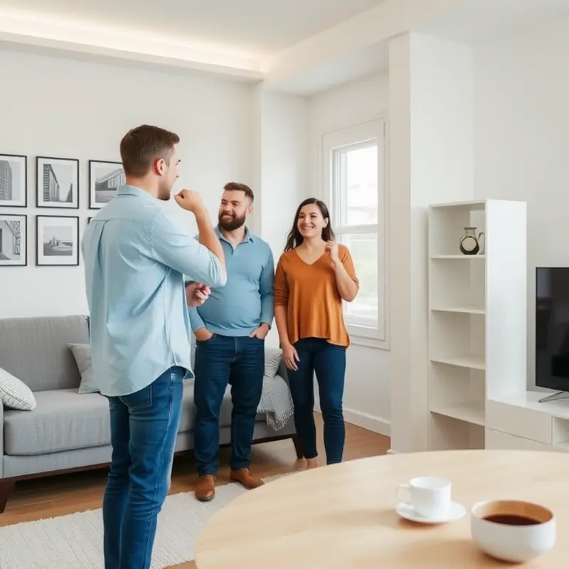 Young couple tours an apartment, engaging with the property manager.