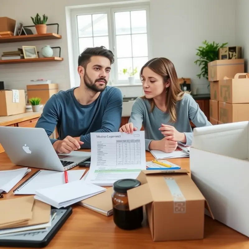Couple calculating their moving expenses while surrounded by packing boxes.