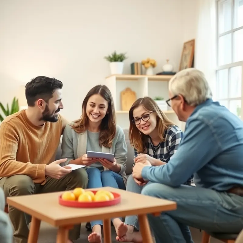 A young couple discussing lease options with family, emphasizing support from a lease guarantor.