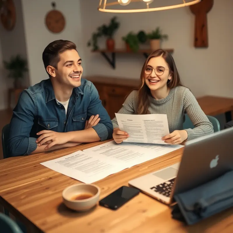 Young couple reviewing lease terms with curiosity and enthusiasm.