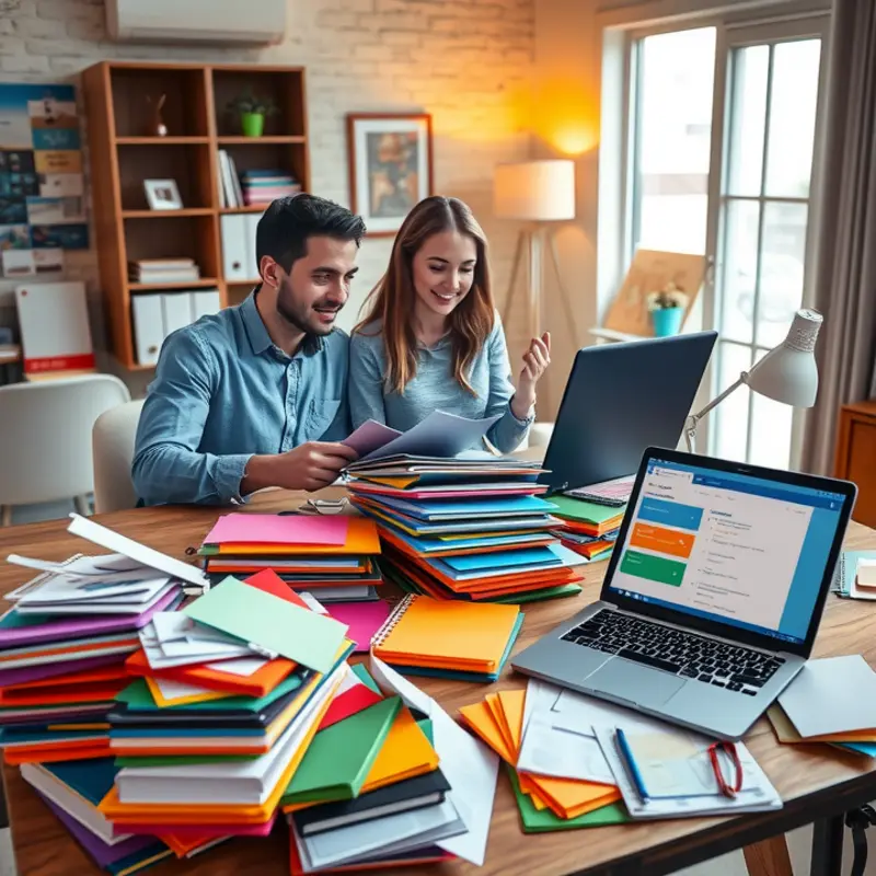 Young couple organizing important moving documents in their home office.