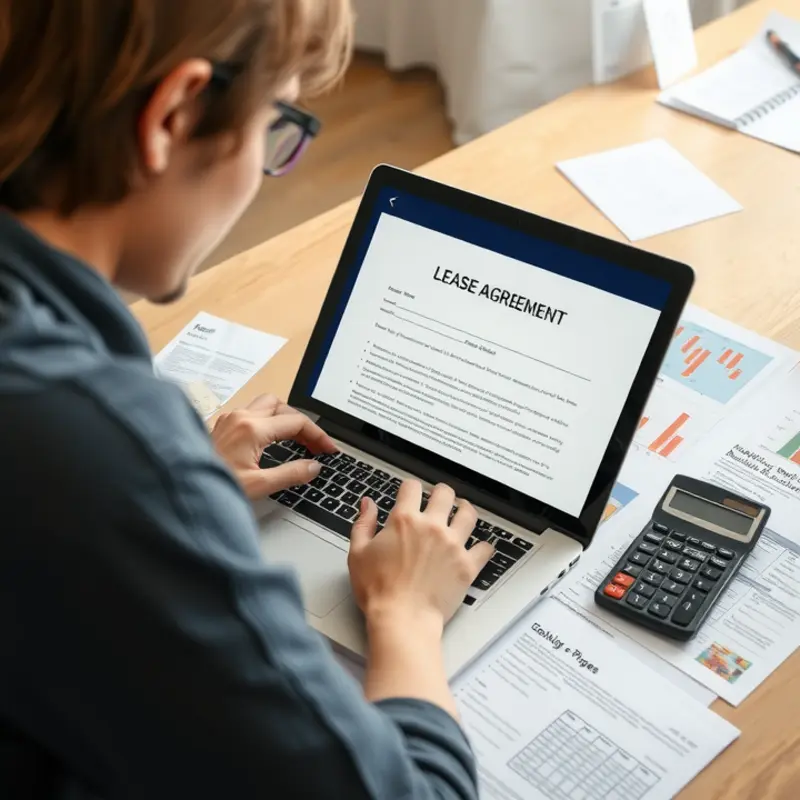 A young renter diligently reviewing their lease agreement.