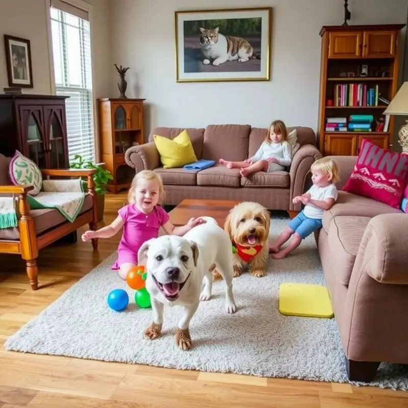 A living room transformed into a playful space for families and pets.