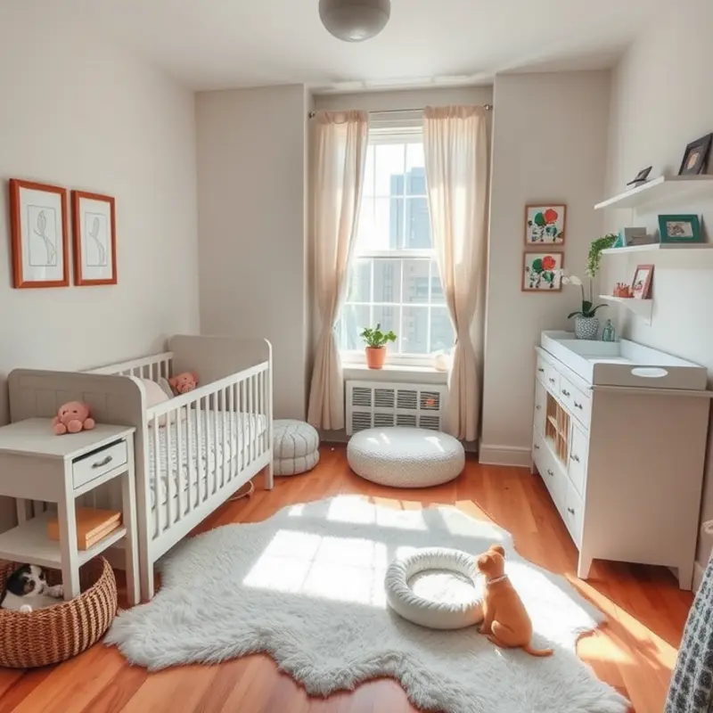A compact and stylish nursery that maximizes space with multi-functional furniture.