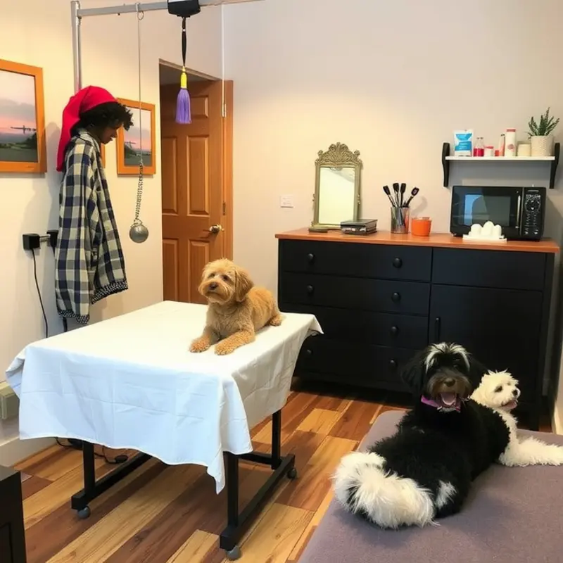 A designated grooming area in an apartment, showcasing a comfortable and organized space for pet grooming.