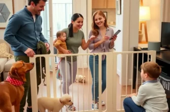 An apartment with a safety gate included, displaying children and pets happily playing in separate areas.