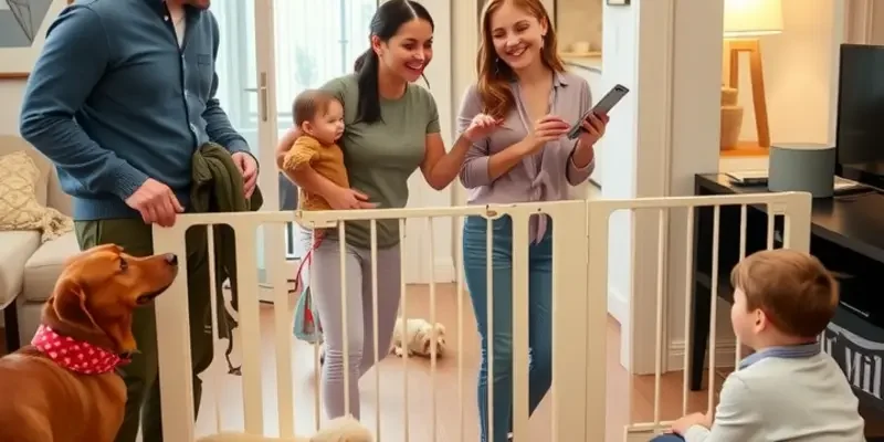 An apartment with a safety gate included, displaying children and pets happily playing in separate areas.