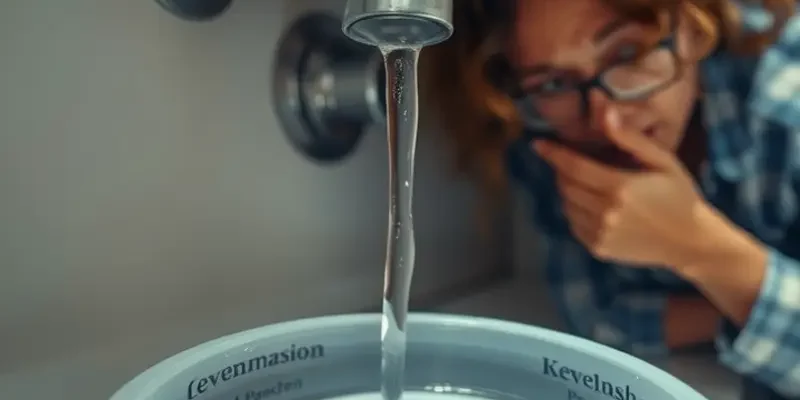 A person in their apartment inspecting water safety features, including a water alarm.
