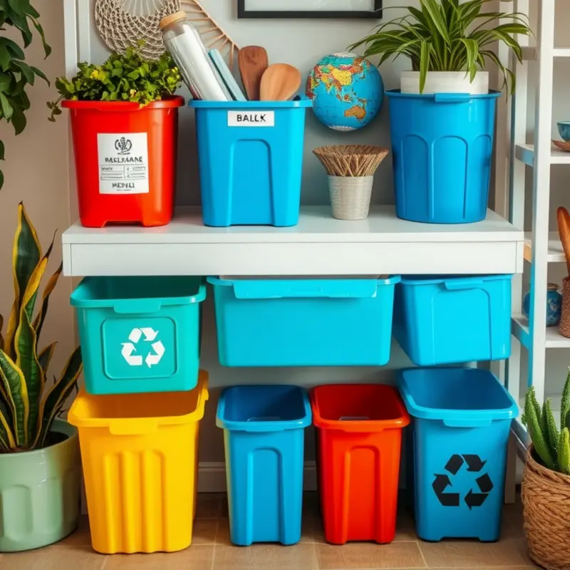 A creative and organized recycling station in a cozy apartment.