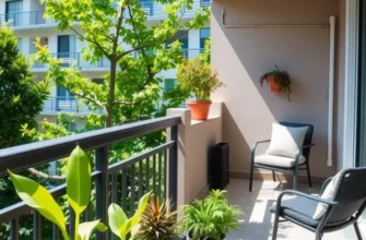 A cozy balcony at sunset with inviting decor and lush plants.