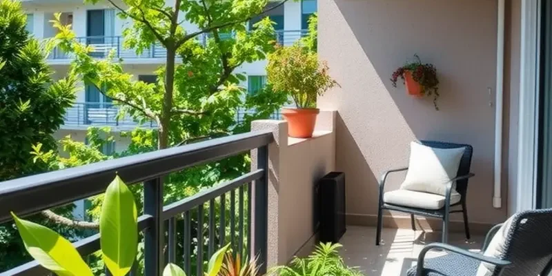 A cozy balcony at sunset with inviting decor and lush plants.