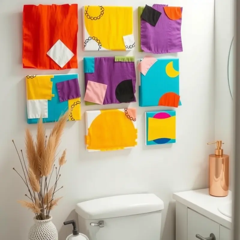 Personalized DIY wall art brightening up a rental bathroom.