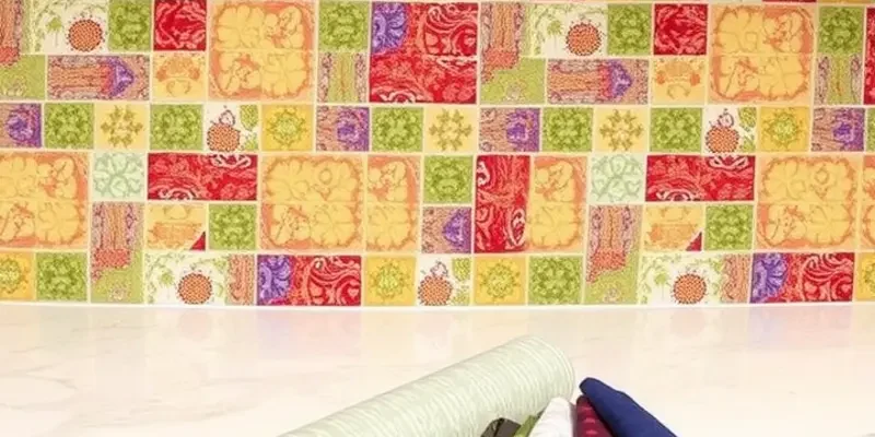 A creative kitchen with a vibrant removable backsplash that enhances the decor.