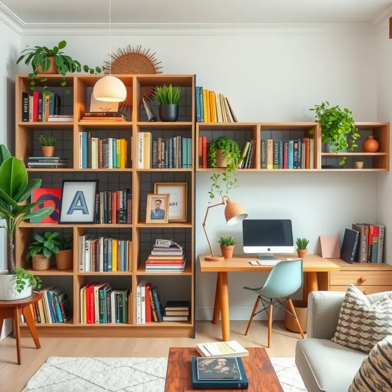 A fabric curtain nicely divides a rental space into a cozy workspace and living area.