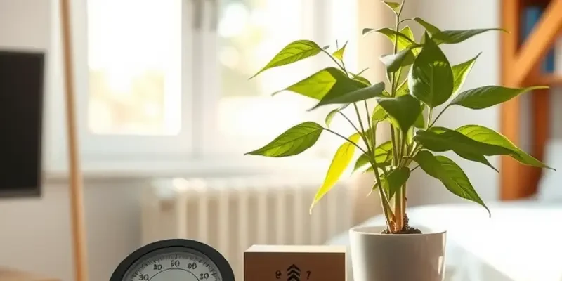 A bright apartment with plants and devices for humidity control, promoting a healthy living environment.