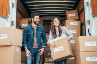 Families and professionals packing boxes on a sunny moving day.