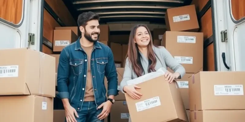 Families and professionals packing boxes on a sunny moving day.