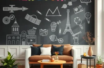 A beautifully decorated living area featuring multiple chalkboard designs and decorations, showcasing a harmonious blend of decor and functionality.