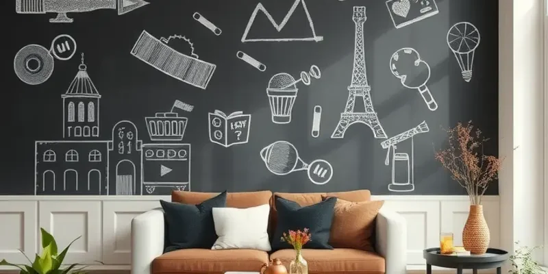 A beautifully decorated living area featuring multiple chalkboard designs and decorations, showcasing a harmonious blend of decor and functionality.