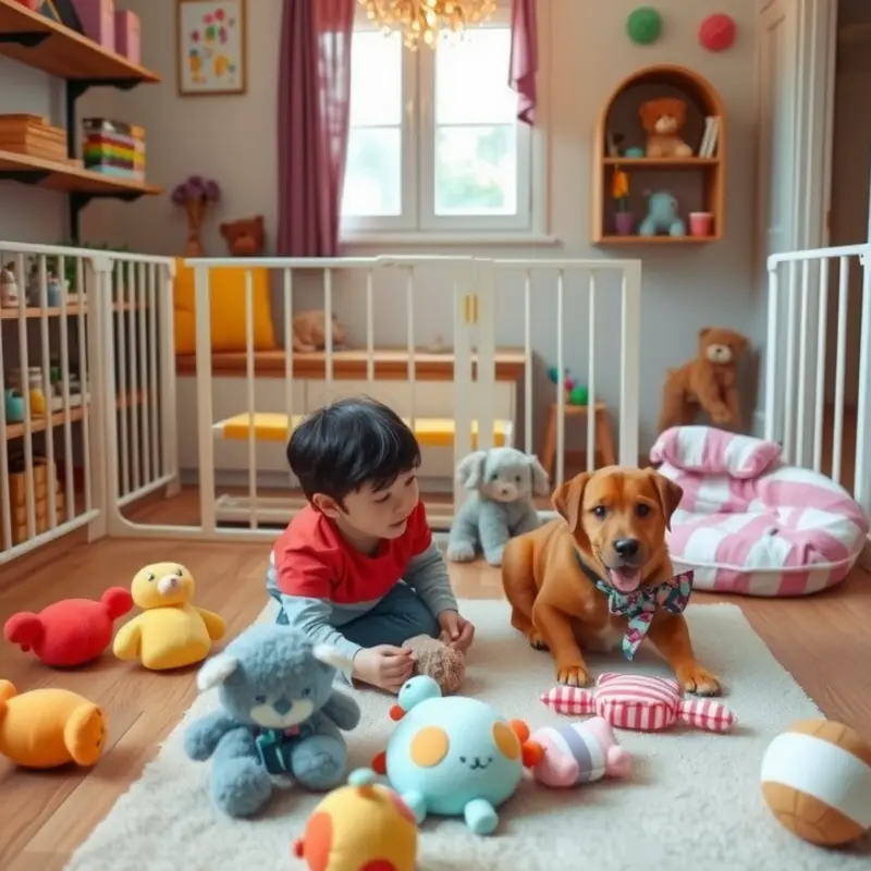 A child plays safely with a pet in a warm, inviting apartment.