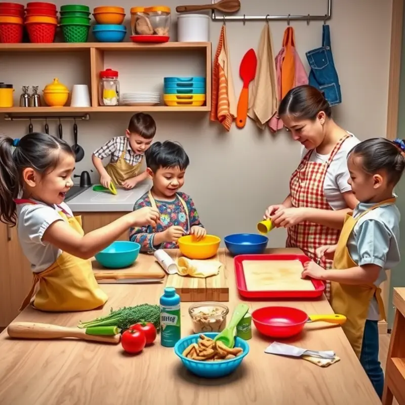Families planning nutritious meals together in a cozy kitchen.