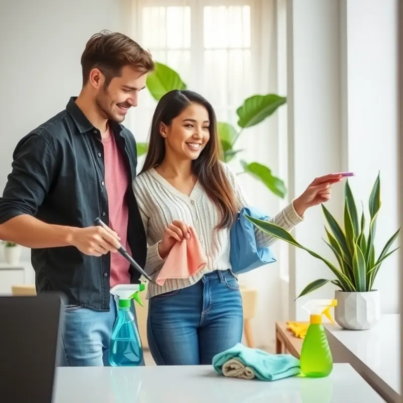A couple using quick techniques to clean surfaces efficiently in their cozy apartment.