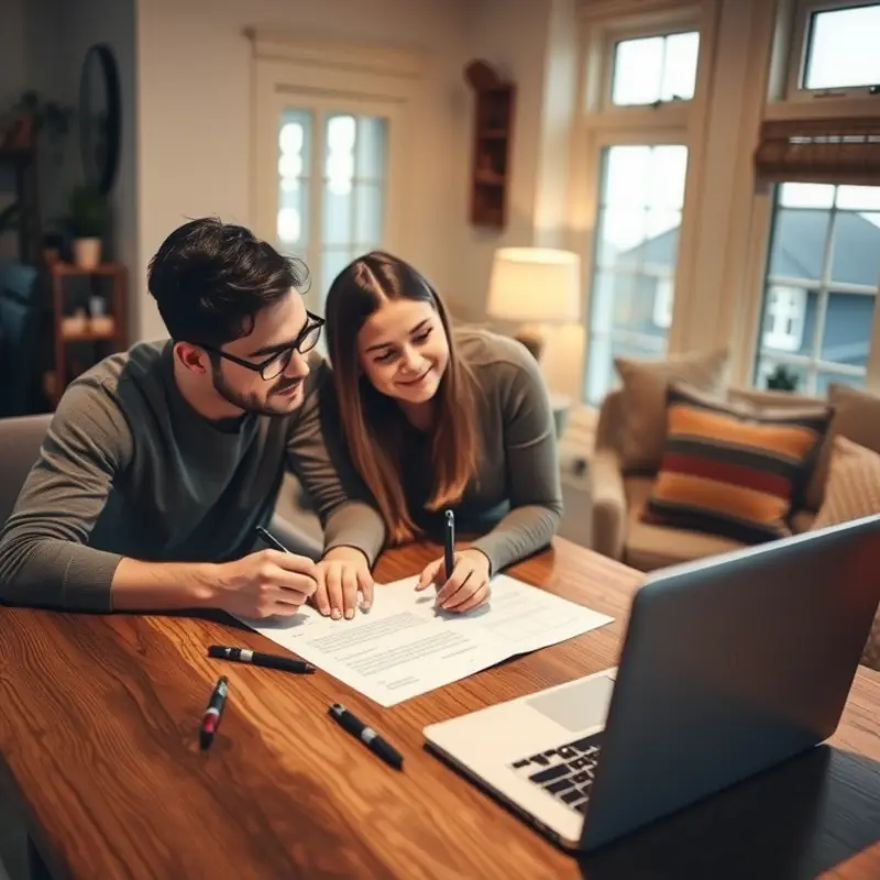 Couple thoroughly reviewing their lease agreement, ensuring understanding before signing.
