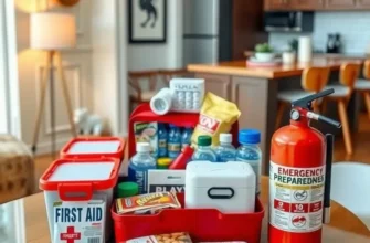 A warm apartment interior with an emergency preparedness kit in full view.