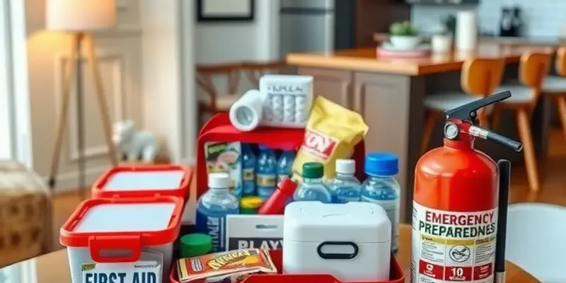 A warm apartment interior with an emergency preparedness kit in full view.