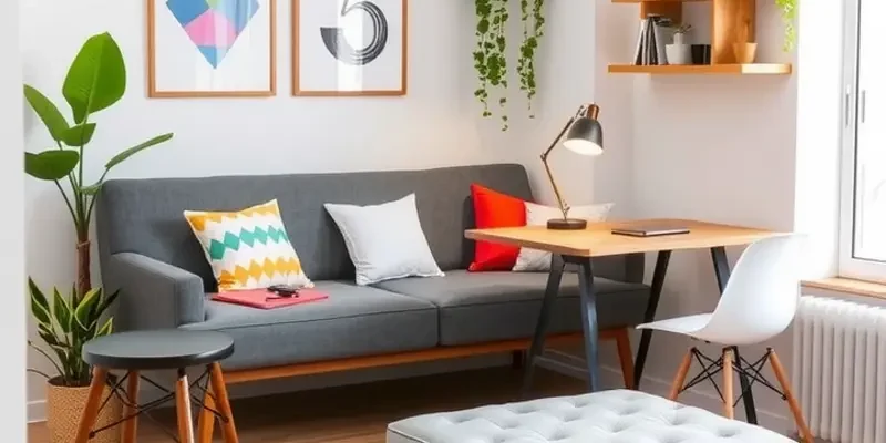 Couple enjoying their cozy apartment with multifunctional furniture and stylish decor.