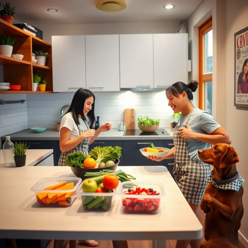 A family engaged in meal prep in a cozy apartment kitchen.