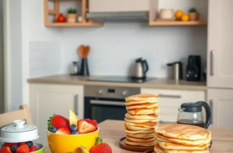 Family enjoying breakfast together in a cozy apartment.