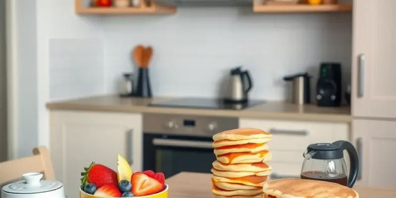 Family enjoying breakfast together in a cozy apartment.