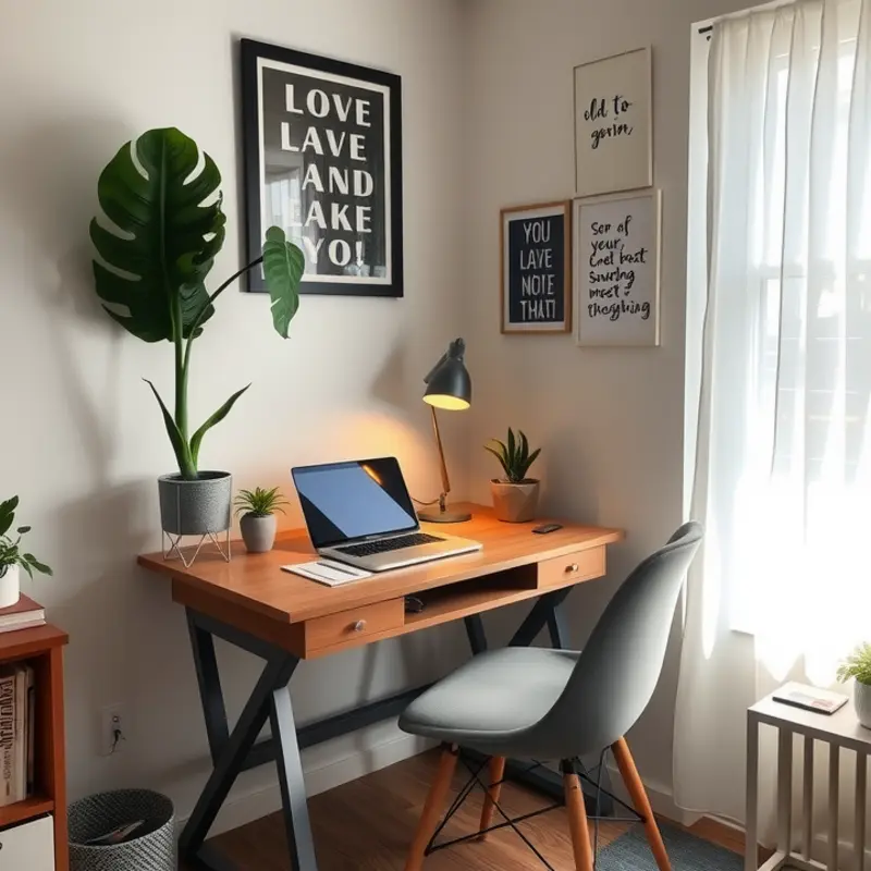A stylish and cozy apartment desk setup.