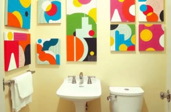 A cozy rental bathroom filled with DIY wall art and stylish storage solutions.