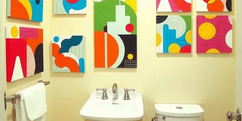 A cozy rental bathroom filled with DIY wall art and stylish storage solutions.