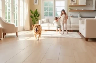 A cozy home filled with laughter and play, showcasing children and pets interacting on a durable floor.