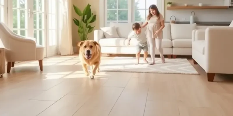 A cozy home filled with laughter and play, showcasing children and pets interacting on a durable floor.