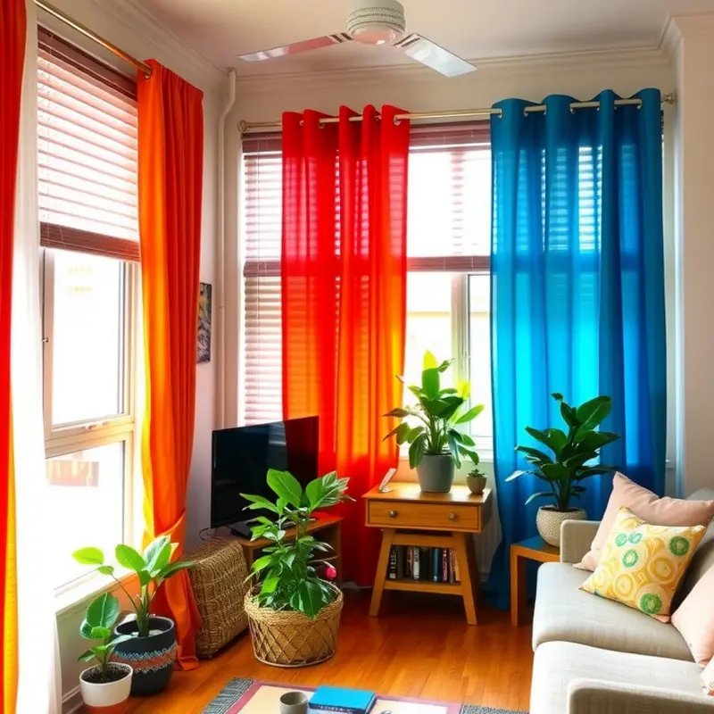 A vibrant rental living room showcasing creative window coverings.