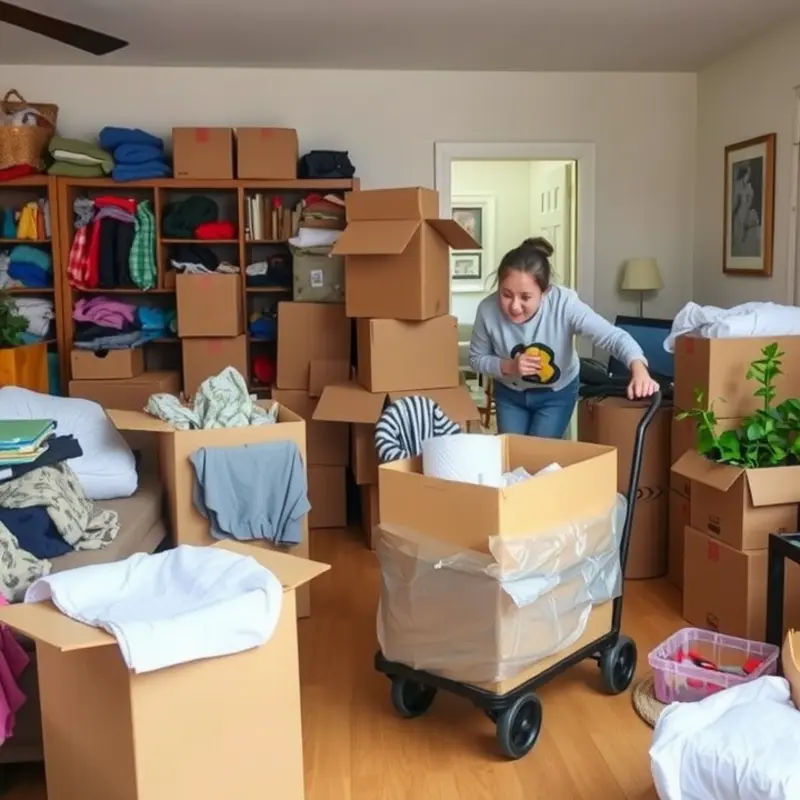 A couple joyfully packing for their moving adventure.