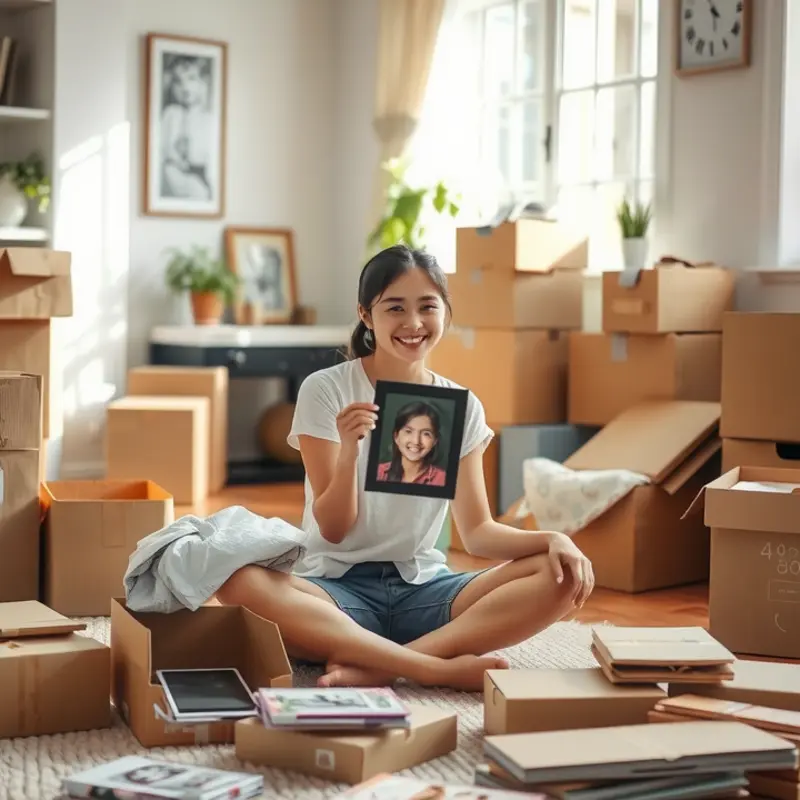 A young adult sorting through items while downsizing, surrounded by organized boxes and sunshine.