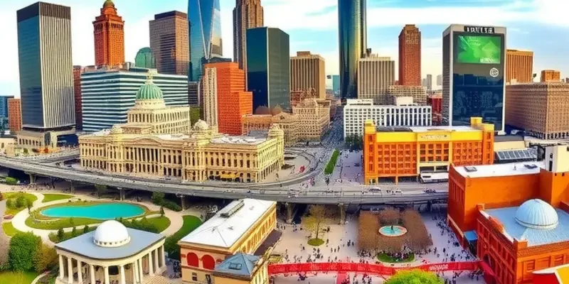 Sunset skyline of Downtown Dallas with bright lights and glowing buildings.