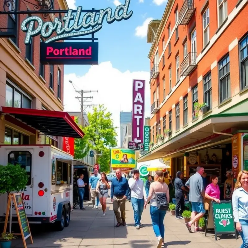 Lively street scene in Downtown Portland filled with cafes and food trucks.