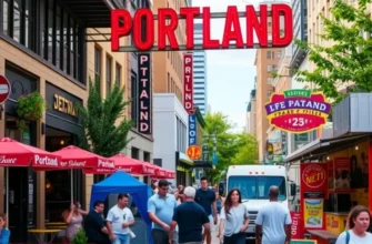A breathtaking sunset view of Downtown Portland, Oregon, with a colorful sky and illuminated skyline.