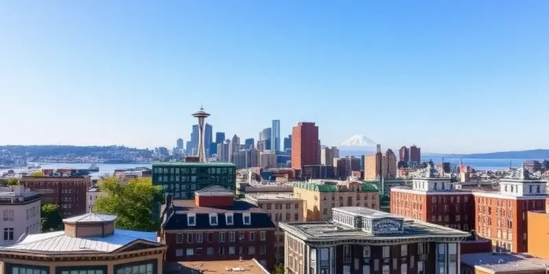 Vibrant street scene in Downtown Seattle with people and shops enjoying a sunny day.