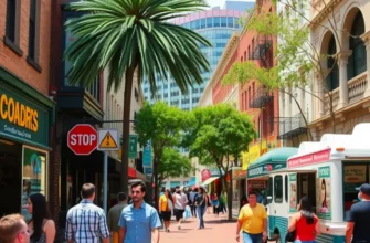 Panoramic view of downtown Austin’s skyline, captured on a sunny day with people in the foreground enjoying the outdoor spaces.